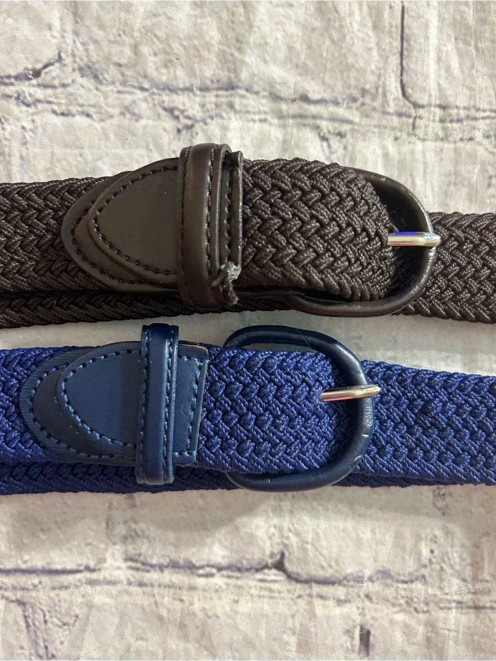 LOT OF (2) WOVEN STRETCH VINTAGE UNISEX BELTS BLUE AND CHOCOLATE BROWN SIZE XL